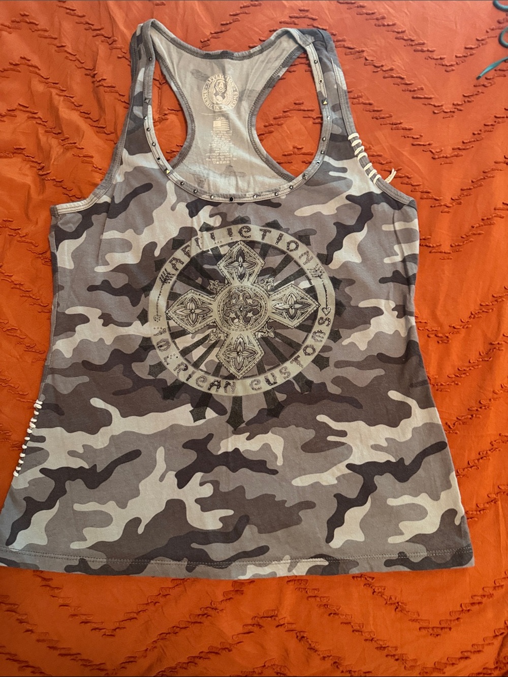 Affliction Gray Camo Racerback Tank with Graphic Medallion